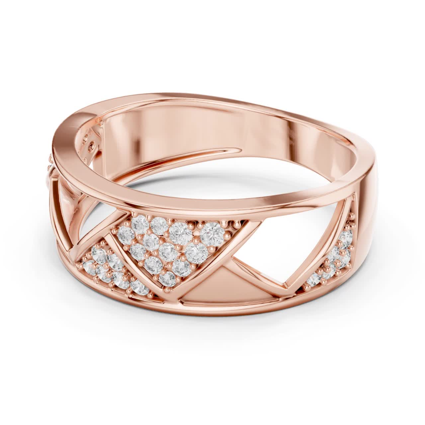Side view rose gold ring with round diamond accents
Rose gold criss cross diamond ring side profile
Elegant rose gold geometric diamond band side view
Modern rose gold open design diamond ring
Luxury rose gold round diamond statement ring
Side angle rose gold pave diamond fashion ring
Designer rose gold lattice diamond ring for women
Unique rose gold diamond wedding band side view
Fine jewelry rose gold diamond ring closeup
Rose gold round diamond ring with open pattern