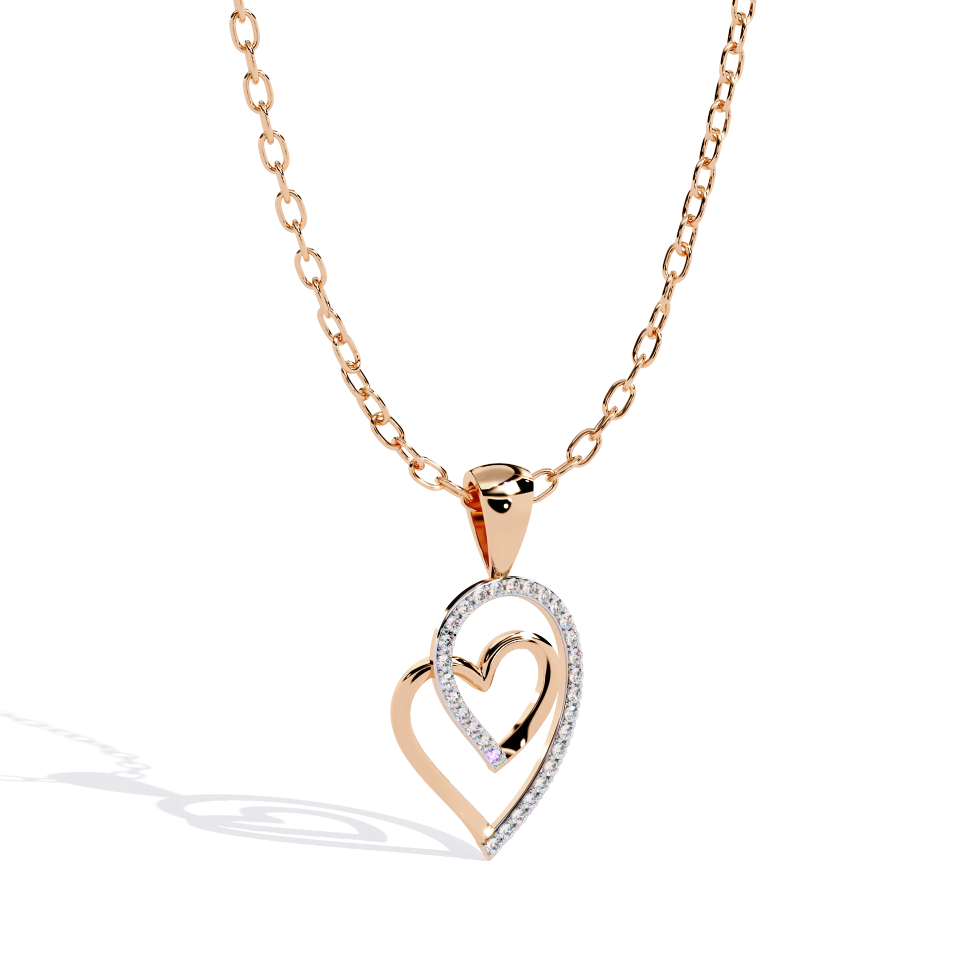 Rose gold double heart diamond pendant angle view
Round diamond double heart pendant angle view
Rose gold open heart diamond pendant
Double heart pendant with round diamonds
Rose gold diamond heart pendant profile
Elegant double heart pendant angle view
Open heart diamond pendant in rose gold
Modern layered heart diamond pendant
Round diamond heart pendant angled display
Rose gold heart pendant with diamonds