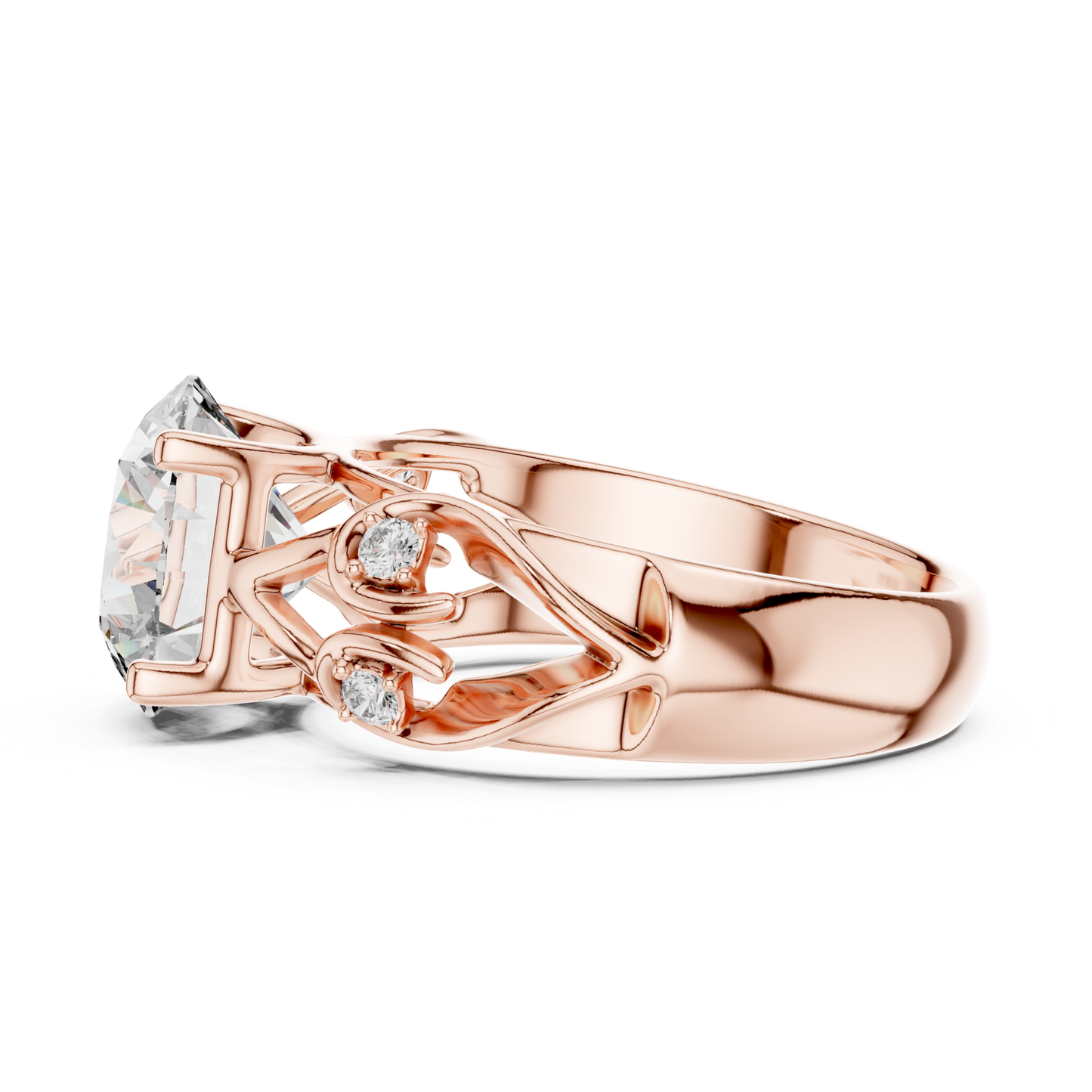 Rose gold round diamond floral ring side profile
Side profile of rose gold round diamond ring
Rose gold floral ring with round center diamond
Round diamond ring with floral side accents
Rose gold nature inspired diamond ring side view
Rose gold open floral band diamond ring
Round solitaire ring with floral leaf design
Rose gold six prong diamond ring side view
Floral rose gold ring with round lab grown diamond
Rose gold round diamond engagement ring profile