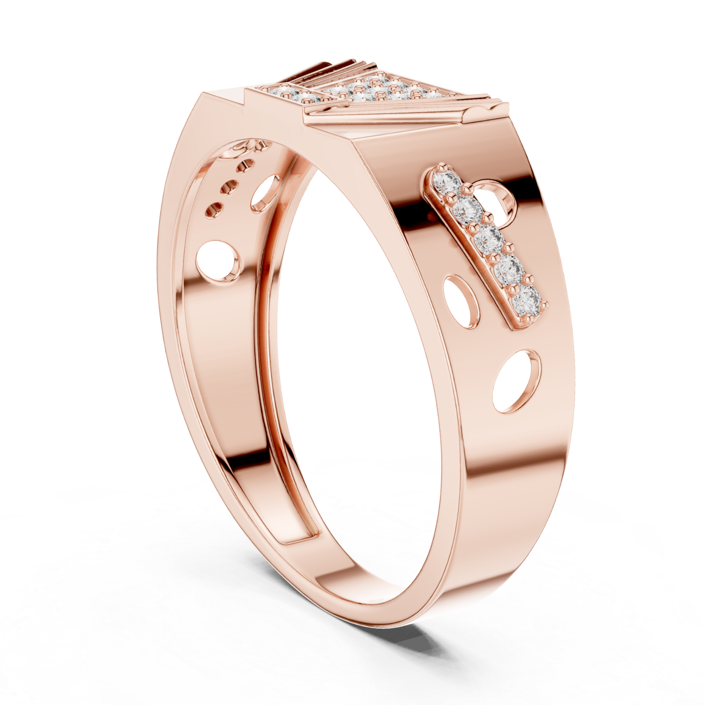Rear angle geometric diamond rose gold band ring
Rose gold ring with diamond accent row
Diamond rose gold band featuring circular cutouts
Wide rose gold ring with geometric details
Contemporary rose gold band with diamond accents
Polished rose gold ring showcasing open elements
Modern rose gold band with structured design
Architectural rose gold ring with diamond setting
Rose gold statement band with geometric pattern
Bold rose gold ring with diamond accent bar