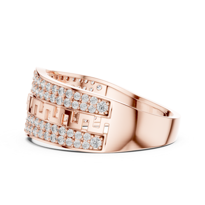 Rose gold round diamond Greek key ring side view
Side profile rose gold pave diamond band ring
Rose gold geometric pattern diamond ring
Modern rose gold wide diamond fashion band
Rose gold structured Greek key design ring
Contemporary rose gold round diamond band
Rose gold luxury pave diamond ring side angle
Elegant rose gold patterned wide band ring
Rose gold round diamond statement ring profile
Rose gold geometric diamond band side view