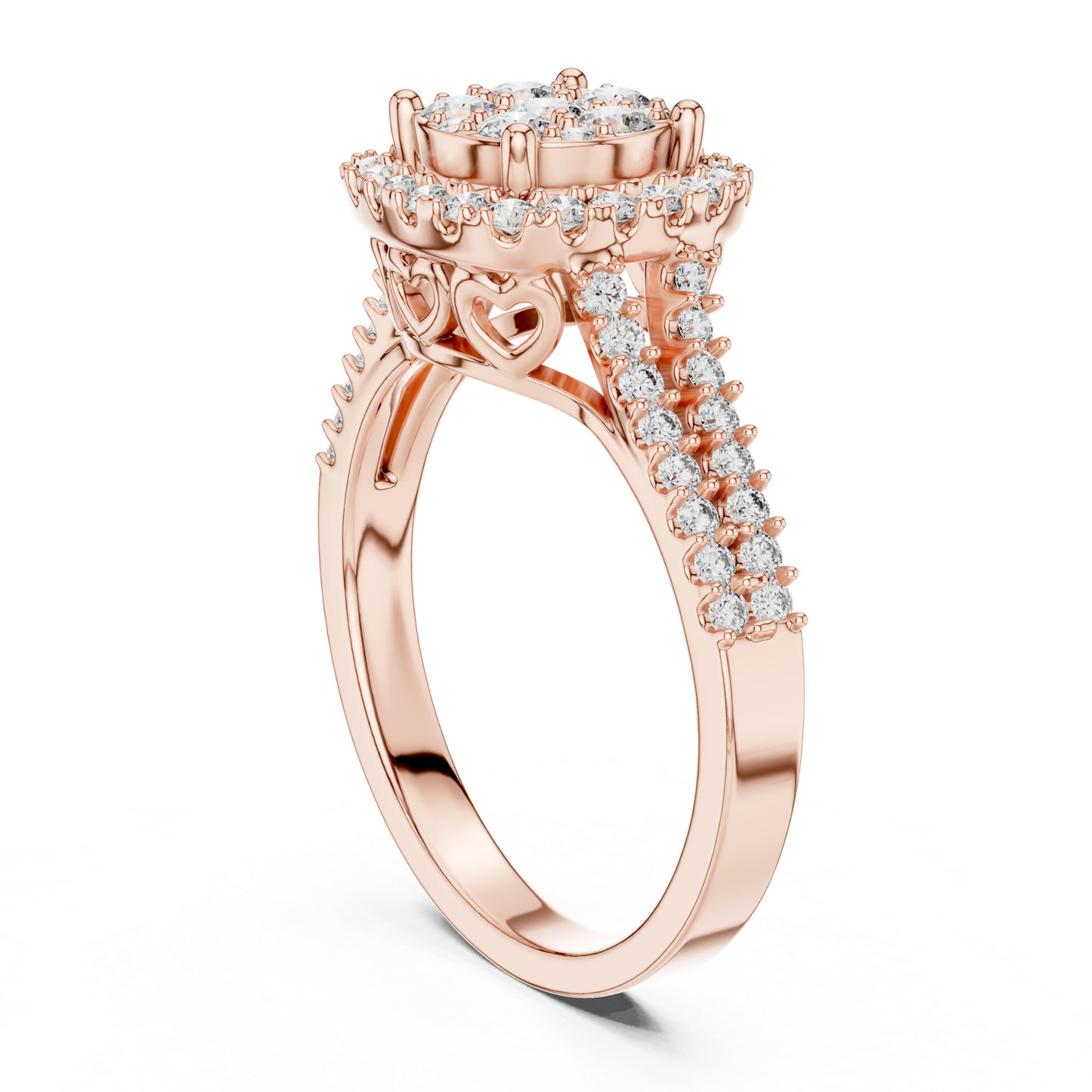 Rose gold round diamond halo ring side gallery
Round diamond cluster halo ring profile view
Rose gold diamond halo ring detailed profile
Side angle rose gold round diamond ring
Rose gold cluster diamond ring gallery detail
Round diamond halo ring with pave shank
Rose gold diamond ring under gallery view
Luxury round diamond cluster ring side detail
Rose gold halo ring with heart accents
Round diamond halo engagement ring profile angle