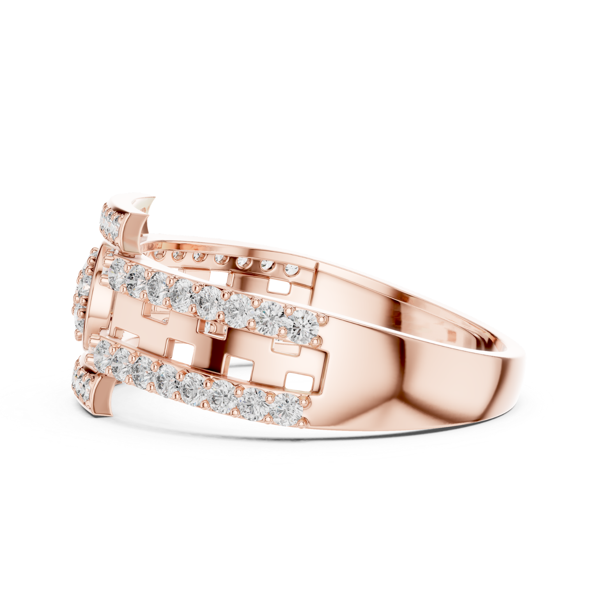 Side view rose gold round diamond openwork ring
Rose gold circular diamond centerpiece ring profile
Round diamond rose gold designer band side view
Modern rose gold geometric diamond ring angle
Rose gold open gallery diamond ring profile
Luxury rose gold round diamond fashion ring
Contemporary rose gold diamond accent band view
Rose gold structured ring with round diamonds
Designer rose gold openwork ring side profile
Rose gold architectural diamond band side angle