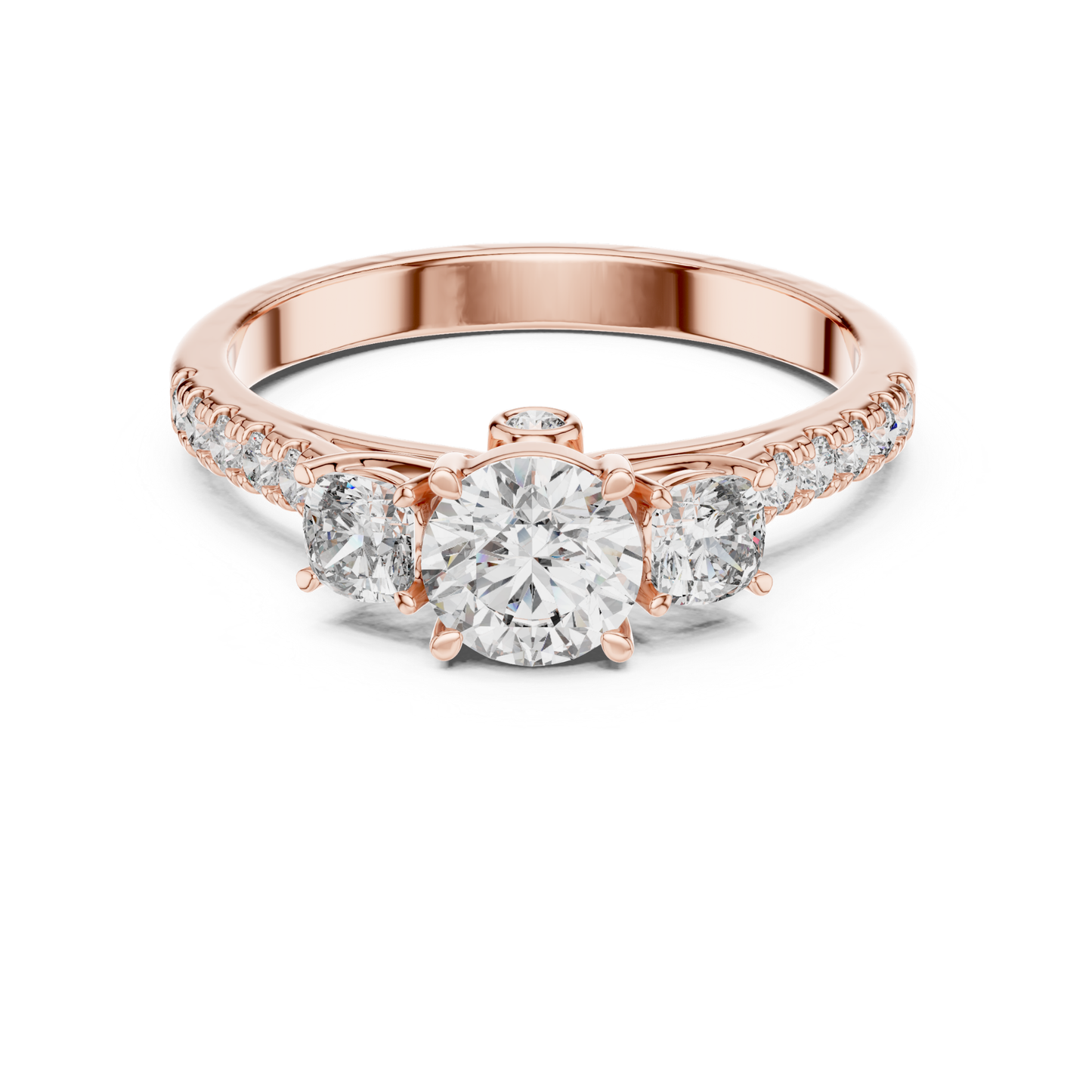 Rose gold round three stone diamond ring front view
Rose gold ring with round center diamond
Three stone diamond ring in rose gold
Round brilliant diamond ring with side stones
Rose gold diamond ring with pavé band
Classic round three stone diamond ring
Rose gold engagement ring with round diamonds
Polished rose gold three stone ring
Round diamond ring with slim rose gold band
Front view rose gold diamond ring