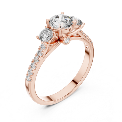 Rose gold round three stone diamond ring perspective view
Perspective view rose gold round diamond ring design
Rose gold three stone diamond ring angled display
Round diamond rose gold ring with pavé band
Rose gold engagement ring with side diamonds
Angled rose gold round diamond ring setting
Rose gold polished band with round diamonds
Three stone rose gold diamond ring close view
Rose gold ring with round diamond gallery
Round diamond rose gold ring perspective angle
