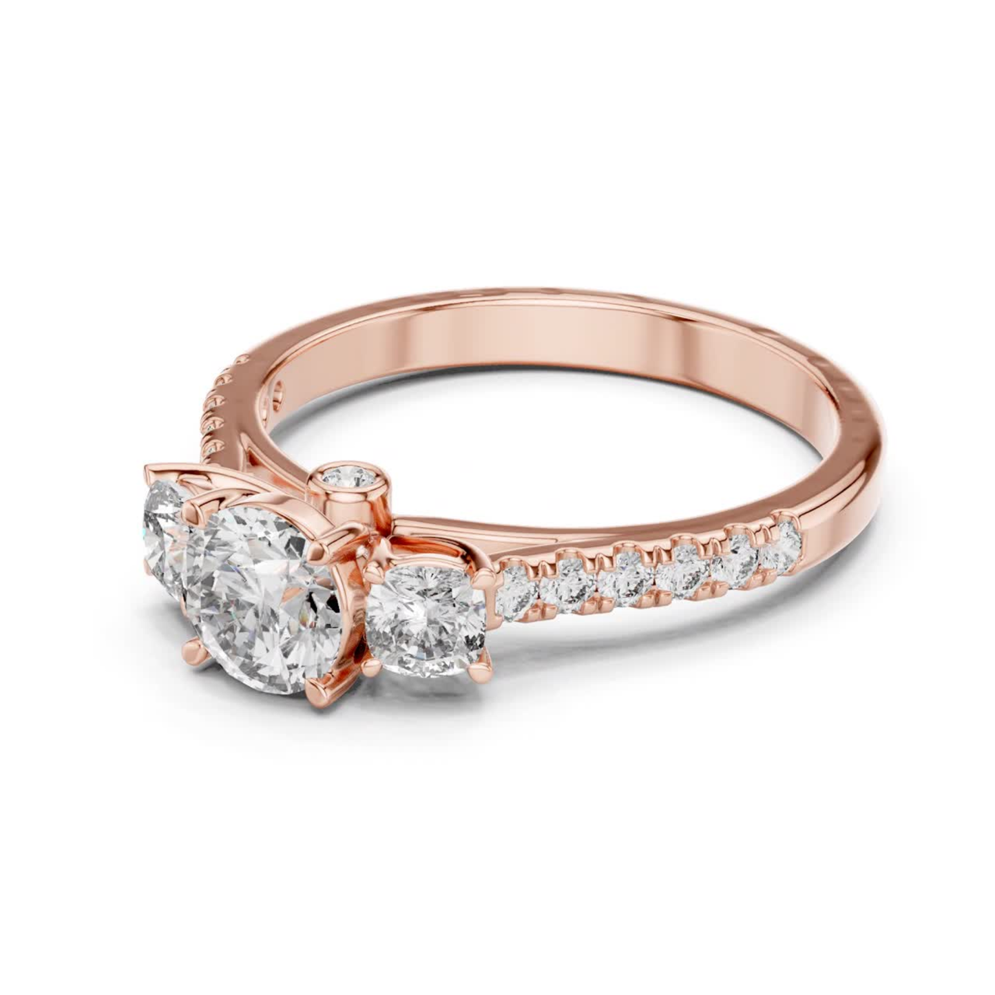 Rose gold three stone diamond ring side angle
Round diamond ring with rose gold band view
Rose gold ring with three round diamonds
Side profile of rose gold diamond ring
Rose gold diamond ring with pavé shank
Angled rose gold three stone ring design
Round brilliant rose gold diamond ring
Rose gold diamond ring with polished band
Classic rose gold three diamond ring view
Rose gold round diamond engagement ring