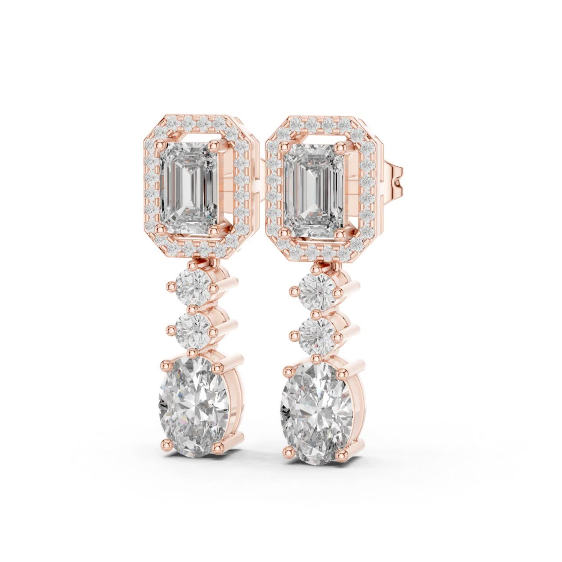 Side view diamond drop earrings in rose gold
Rose gold emerald halo diamond dangle earrings side profile
Side angle oval diamond drop earrings with halo top
Luxury rose gold diamond drop earrings side view
Emerald cut halo diamond earrings with oval drops
Rose gold multi stone diamond dangle earrings
Side profile geometric diamond drop earrings
Elegant rose gold diamond statement earrings
Oval and emerald cut diamond drop earrings side angle
Rose gold diamond earrings with prong setting side view