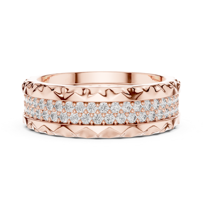 Rose gold textured eternity ring with double diamond rows
Round diamond band in polished rose gold
Rose gold ring with layered pave diamond setting
Modern rose gold eternity band with round diamond
Double row diamond ring with carved rose gold
Luxury rose gold band with sparkling diamond rows
Wide rose gold diamond ring with textured pattern
Elegant rose gold eternity band with pave diamond
Rose gold anniversary ring with round cut diamond
Rose gold diamond band with detailed texture