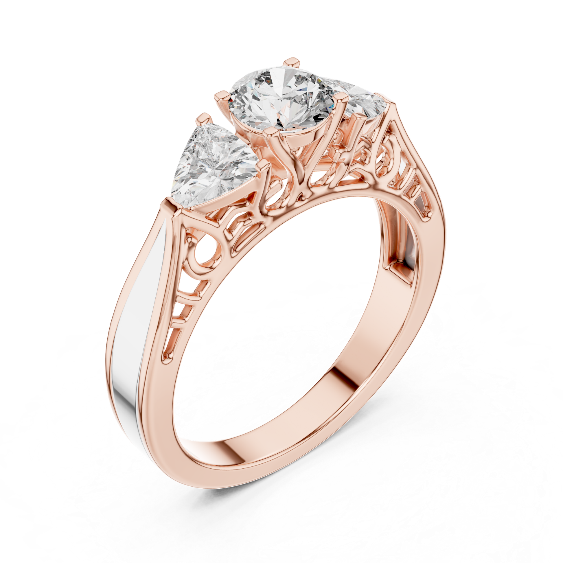 Rose gold three stone diamond ring angled view
Rose gold ring with round and trillion diamonds
Three stone diamond ring with filigree gallery
Rose gold diamond engagement ring
Round diamond center with trillion side stones
Rose gold three stone ring with open gallery
Polished rose gold diamond ring design
Elegant three stone diamond rose gold ring
Rose gold ring with detailed gallery setting
Three stone diamond ring in rose gold