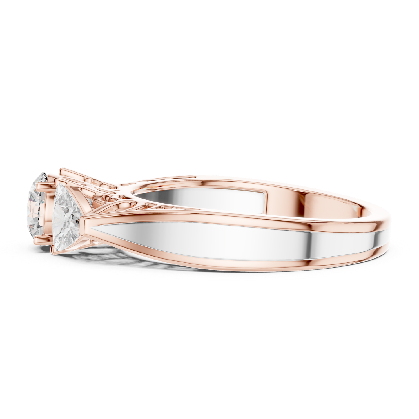 Rose gold three stone diamond ring side view
Side profile of rose gold diamond ring
Rose gold ring with three diamond setting
Three stone diamond ring with split band
Rose gold ring showing side gallery
Polished rose gold three stone ring
Side angle rose gold diamond ring
Rose gold ring with round and trillion diamonds
Rose gold engagement ring side profile
Three stone rose gold diamond ring band