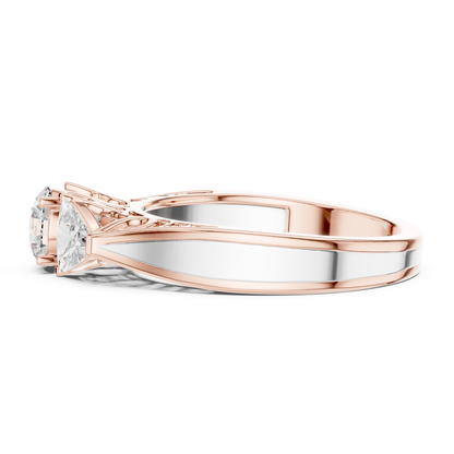 Rose gold three stone diamond ring side view
Side profile of rose gold diamond ring
Rose gold ring with three diamond setting
Three stone diamond ring with split band
Rose gold ring showing side gallery
Polished rose gold three stone ring
Side angle rose gold diamond ring
Rose gold ring with round and trillion diamonds
Rose gold engagement ring side profile
Three stone rose gold diamond ring band