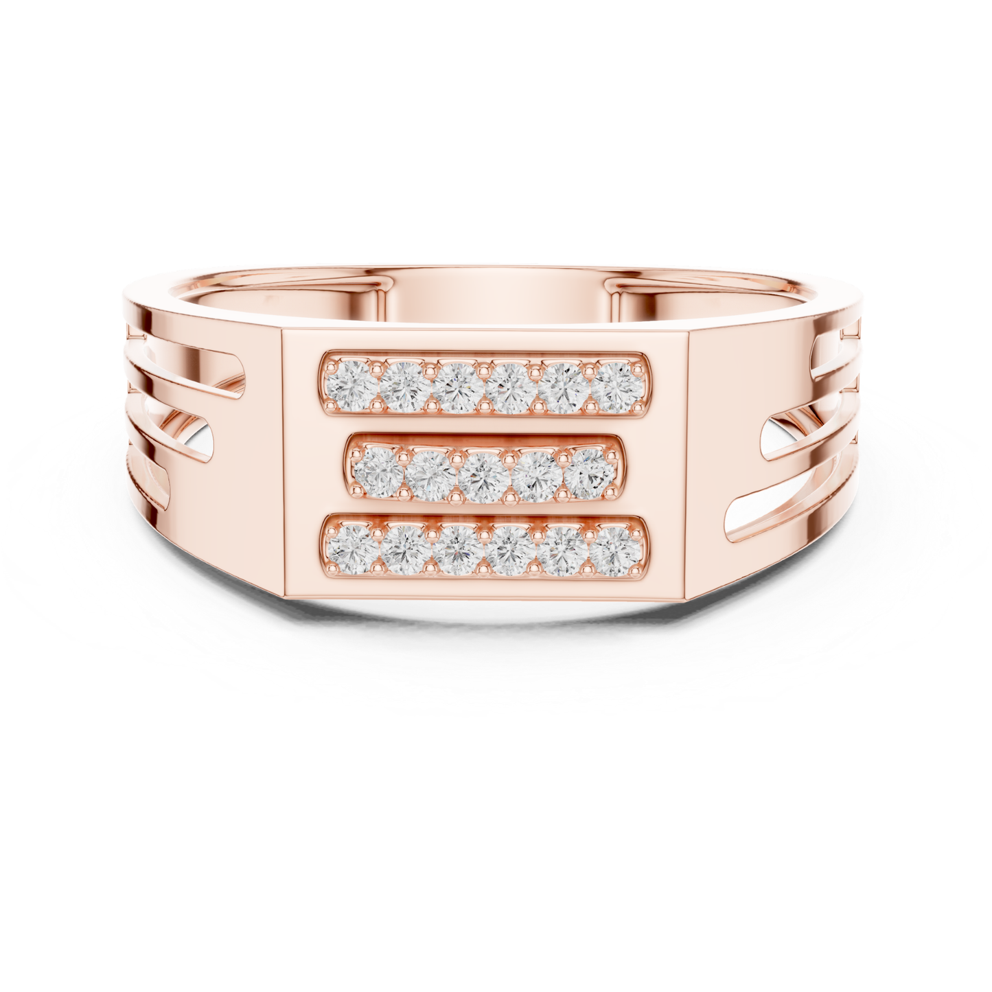 Rose gold triple row diamond bar ring front view
Modern rose gold ring with three diamond rows
Wide rose gold band featuring round diamonds
Geometric rose gold diamond statement ring
Contemporary rose gold bar design diamond ring
Round diamond triple line ring in rose gold
Bold rose gold diamond band with clean lines
Rose gold rectangular top ring with diamonds
Luxury rose gold wide band diamond ring
Polished rose gold ring with three diamond channels
