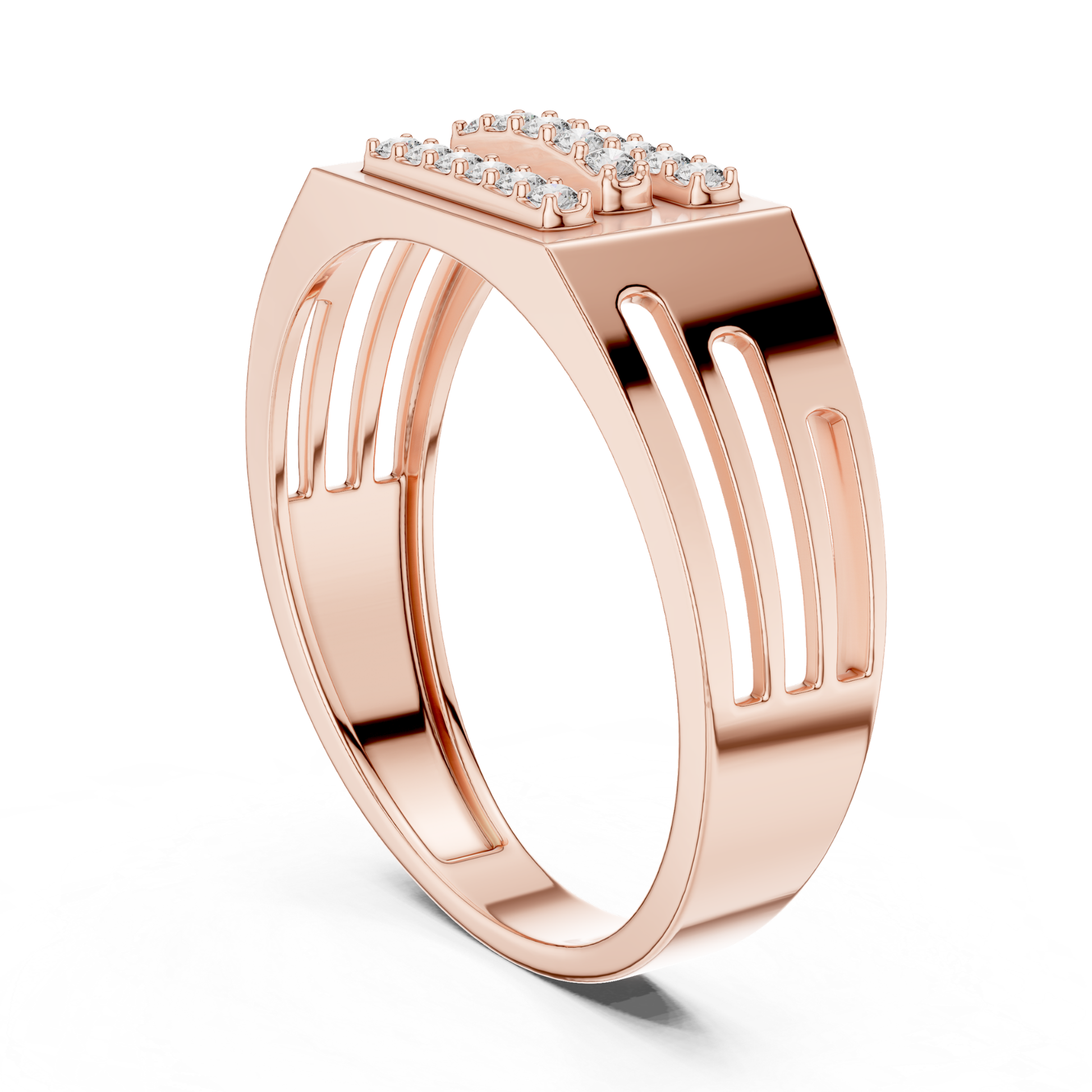 Rear angle rose gold triple row diamond ring
Rose gold openwork band ring back profile
Triple row diamond rose gold ring rear view
Rose gold geometric ring rear perspective
Wide band rose gold diamond ring back angle
Modern rose gold fashion ring rear profile
Rose gold designer band with open details
Contemporary rose gold ring back side view
Luxury rose gold triple row diamond ring
Rose gold structured band ring rear angle