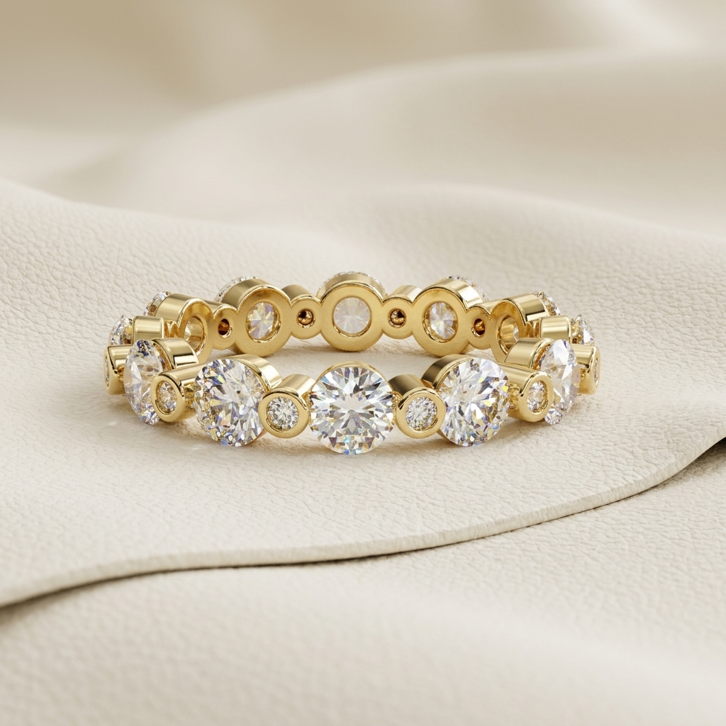 Yellow gold round bezel diamond band
Luxury bezel set round diamond band in yellow gold
Elegant round brilliant diamond band with bezel settings
Fine jewelry round bezel diamond band close up
Sparkling yellow gold diamond band with bezel set diamonds
Premium round bezel diamond band for women
Designer yellow gold bezel set diamond band
Modern round diamond band with alternating bezel settings
Timeless yellow gold round bezel diamond band
Classic bezel set round diamond band with brilliant diamonds