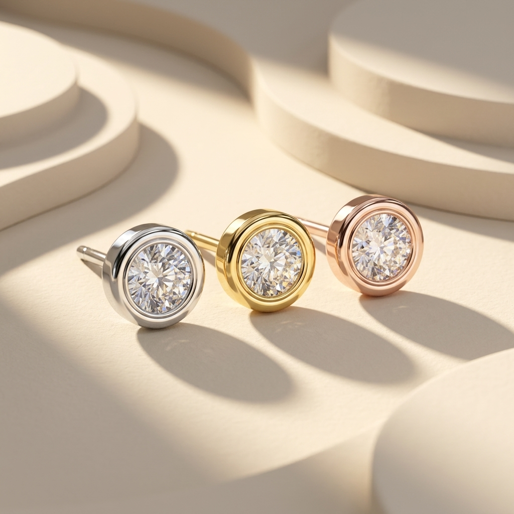 Round Bezel Diamond Stud Earrings Three Gold Colors
White Yellow Rose Gold Bezel Diamond Stud Earrings
Round Cut Bezel Diamond Earrings Product Display
Bezel Set Round Diamond Stud Earrings Collection
Luxury Round Diamond Bezel Earrings Multi Gold Finish
Minimal Round Bezel Diamond Stud Earrings Showcase
Lab Grown Round Diamond Bezel Earrings Display
Premium Round Bezel Diamond Stud Earrings Front View
Elegant Round Diamond Bezel Earrings Fine Jewelry
Classic Round Bezel Diamond Stud Earrings Collection