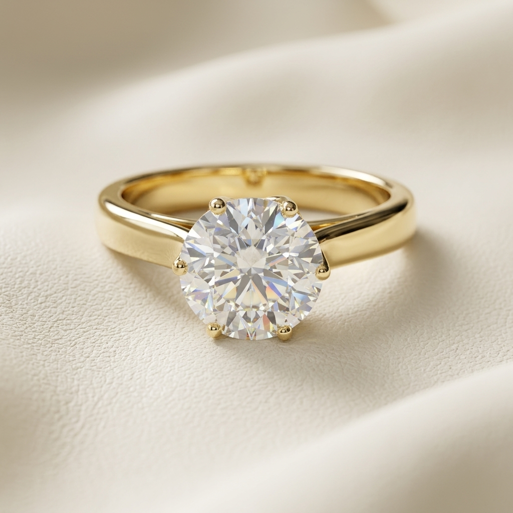 Round brilliant solitaire diamond.
Yellow gold round solitaire.
Classic round diamond solitaire.
Round cut diamond setting.
Luxury round solitaire diamond.
Elegant round diamond design.
Yellow gold solitaire setting.
Brilliant round cut diamond.
Timeless round diamond solitaire.
Round diamond in yellow gold.