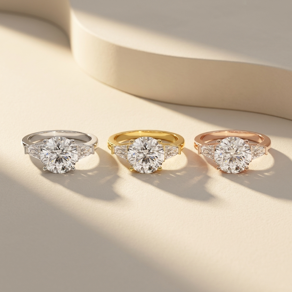 Round brilliant diamond settings in white, yellow, and rose gold.
Three stone diamond designs in three gold finishes.
Round cut diamond settings with tapered side stones.
Classic three stone diamond collection in mixed gold tones.
White, yellow, and rose gold round brilliant diamond designs.
Luxury round diamond settings with geometric side diamonds.
Elegant three stone diamond designs displayed together.
Premium round brilliant diamonds in three metal options.
Timeless round cut diamond settings with side 