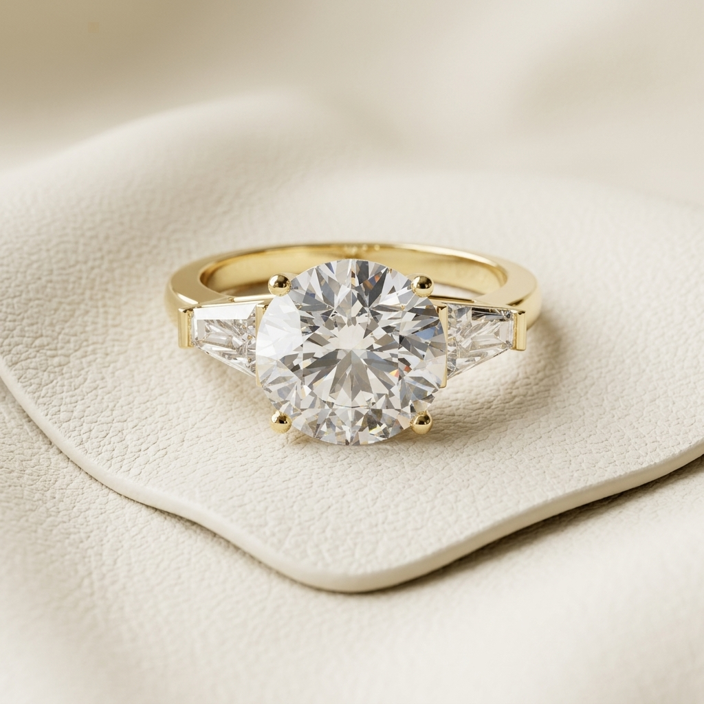 Round brilliant diamond with tapered side stones in yellow gold.
Classic three stone diamond engagement setting in yellow gold.
Round cut diamond with trapezoid side diamonds.
Elegant round diamond center stone with side accents.
Yellow gold three stone diamond design with brilliant sparkle.
Solitaire style round diamond with geometric side stones.
Luxury round brilliant diamond in a yellow gold setting.
Fine jewelry featuring a round diamond with tapered side stones.
Premium round cut diamond with sleek ye