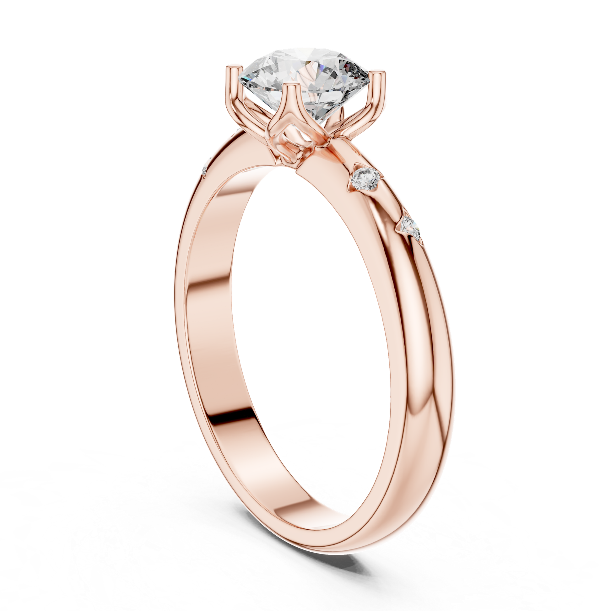 Rose gold round diamond solitaire ring with accents
Rose gold engagement ring with round center diamond
Delicate rose gold diamond ring with accent stones
Round brilliant diamond ring in rose gold
Rose gold solitaire ring with decorative band details
Elegant rose gold engagement ring close up
Fine jewelry rose gold round diamond ring
Rose gold ring with scattered accent diamonds
Polished rose gold solitaire ring angled view
Rose gold diamond ring with accent stone band