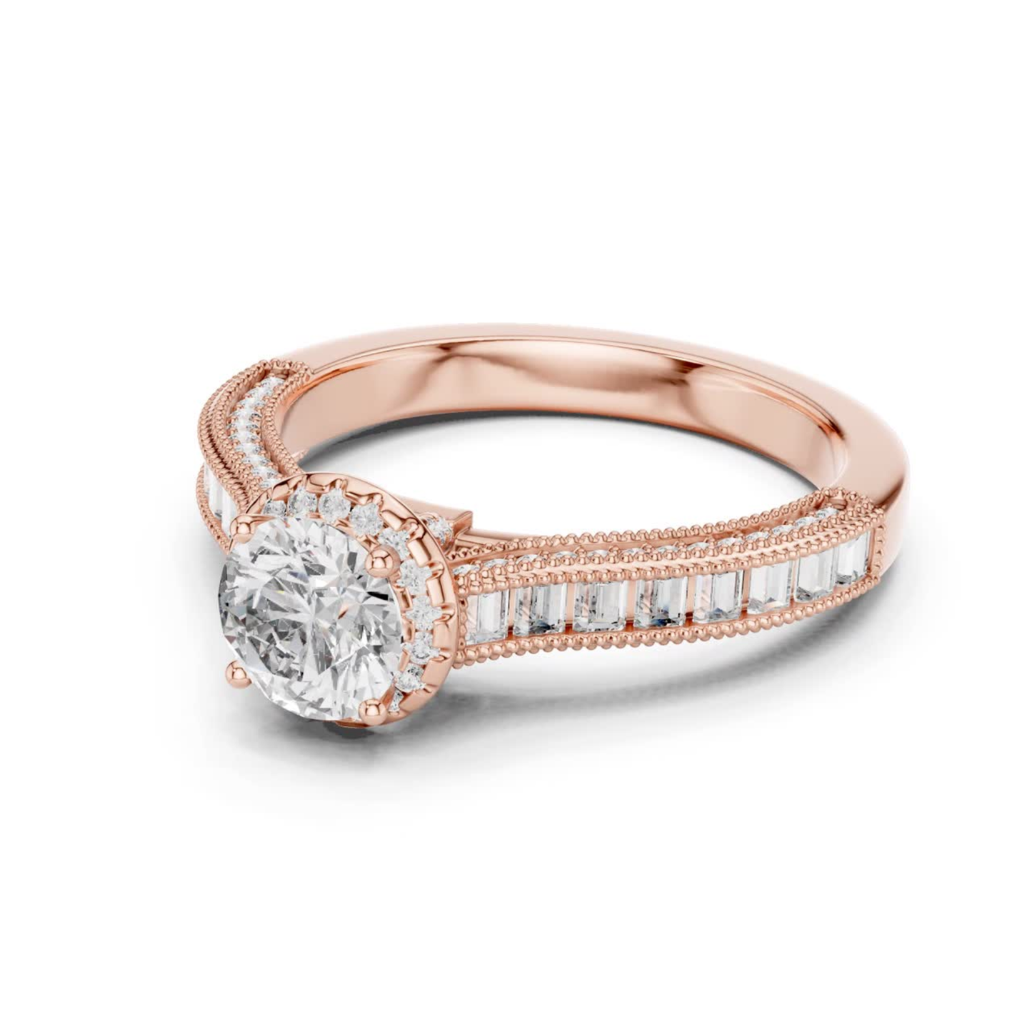 Round diamond baguette halo ring angled view
Rose gold round diamond baguette halo ring
Angled round brilliant diamond halo ring design
Rose gold baguette side stone diamond ring
Round diamond halo ring with baguette stones
Lab grown round diamond baguette halo ring
Milgrain halo round diamond engagement ring
Rose gold halo ring with baguette accents
Classic round diamond baguette halo ring
Round diamond angled view engagement ring