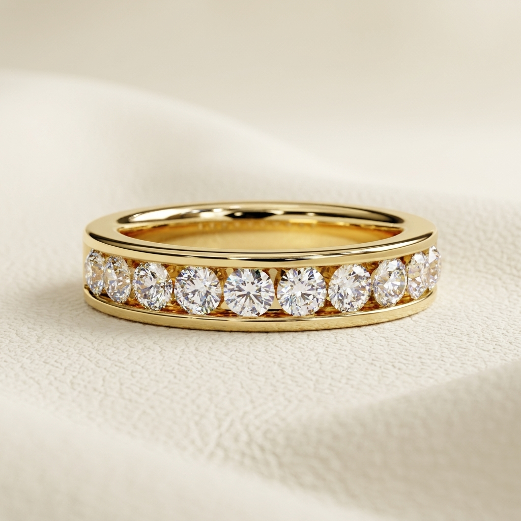 Yellow gold band with brilliant round diamond channel row
Closely aligned round diamonds framed by smooth polished gold edges
Elegant gold band featuring a continuous brilliant stone gallery
Radiant diamond band with large circular stones in a sleek channel
Refined yellow gold band showcasing uniform round cut diamonds
Fine jewelry band with a bold single row diamond arrangement
Brilliant stones displayed between polished gold border rails
Classic diamond band featuring evenly spaced luminous round stones
S