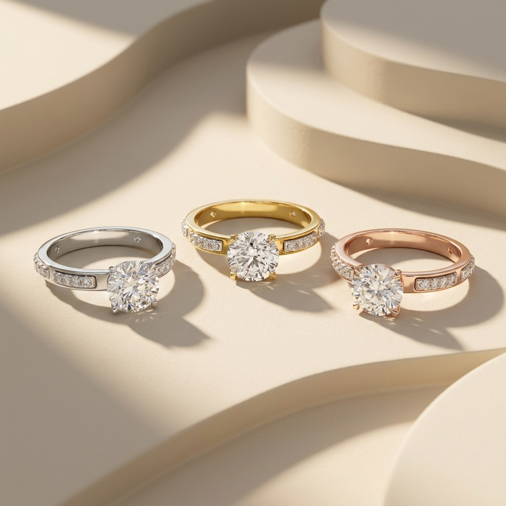Round channel set diamonds in three gold tones.
Round diamond channel set collection.
White, yellow, and rose gold diamond settings.
Three-tone round diamond solitaires.
Classic channel set diamond designs.
Luxury round diamond collection.
Round diamonds in three finishes.
Elegant channel set solitaires.
Round solitaire with channel accents.
Round channel set diamond trio.