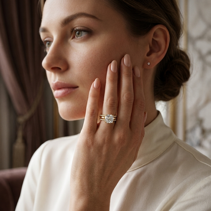 Woman wearing round diamond ring with double gold bands
Elegant engagement ring with layered diamond band design
Luxury gold ring with round center diamond and dual bands
Fine jewelry ring with pavé band and solitaire diamond
Premium engagement ring with double band styling
Stylish hand pose with round diamond and stacked bands
Sophisticated gold ring with center diamond close up
Modern engagement ring with dual band diamond detail
Classic round diamond ring with enhanced band design
High end engagement rin