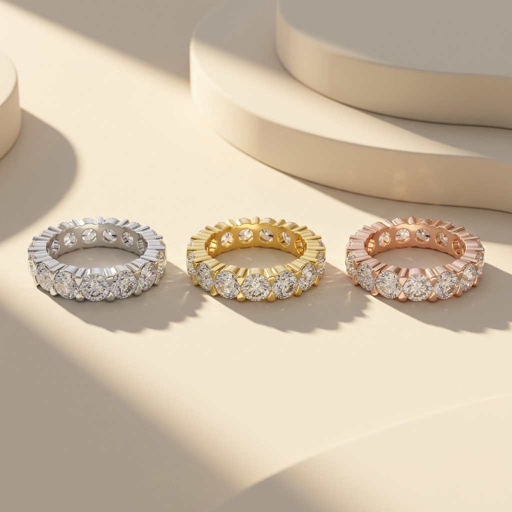 Round eternity bands in three gold tones.
Round diamond eternity collection.
White, yellow, and rose gold eternity bands.
Three-tone round diamond bands.
Classic round eternity bands.
Luxury eternity band collection.
Round diamond bands in three finishes.
Full round eternity bands.
Elegant round diamond eternity bands.
Round eternity bands in gold tones.