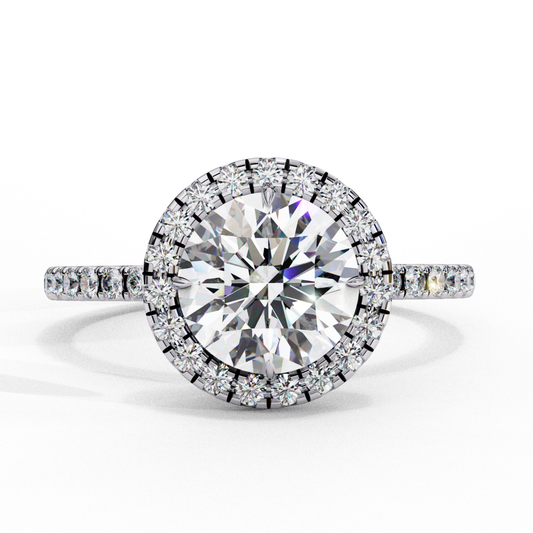 Round diamond with halo of smaller diamonds
Brilliant round diamond in halo setting
Halo design featuring round diamond center
Close up of round diamond with surrounding accents
Side view of round diamond halo ring
Round diamond encircled by smaller diamonds
Round diamond in elegant halo setting
Gold band with round diamond and halo
Halo ring with central round diamond
Round diamond surrounded by smaller stones
