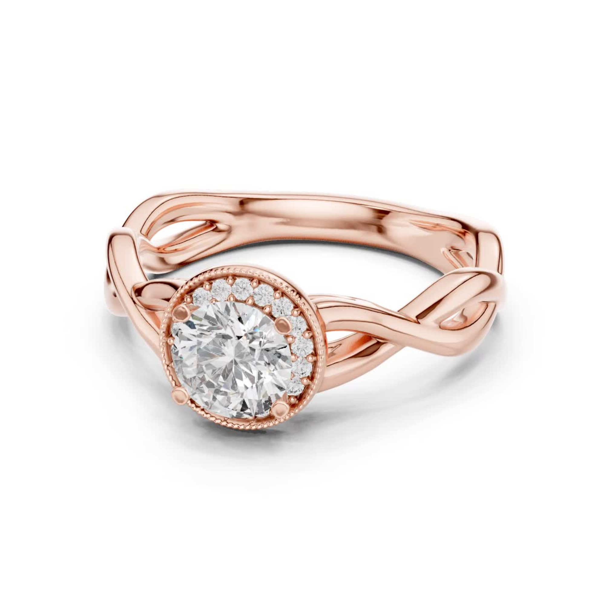 Round diamond halo twist ring angled view
Rose gold round diamond halo ring
Angled view twist engagement ring
Round diamond milgrain halo ring
Rose gold twisted band ring
Round brilliant halo diamond ring
Infinity twist diamond engagement ring
Lab grown round diamond halo ring
Polished rose gold halo ring
Round diamond rose gold ring angle