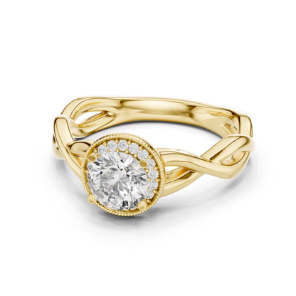 Round diamond halo twist ring angled view
Yellow gold round diamond halo ring
Angled view twist engagement ring
Round diamond milgrain halo ring
Yellow gold twisted band ring
Round brilliant halo diamond ring
Infinity twist diamond engagement ring
Lab grown round diamond halo ring
Polished yellow gold halo ring
Round diamond yellow gold ring angle