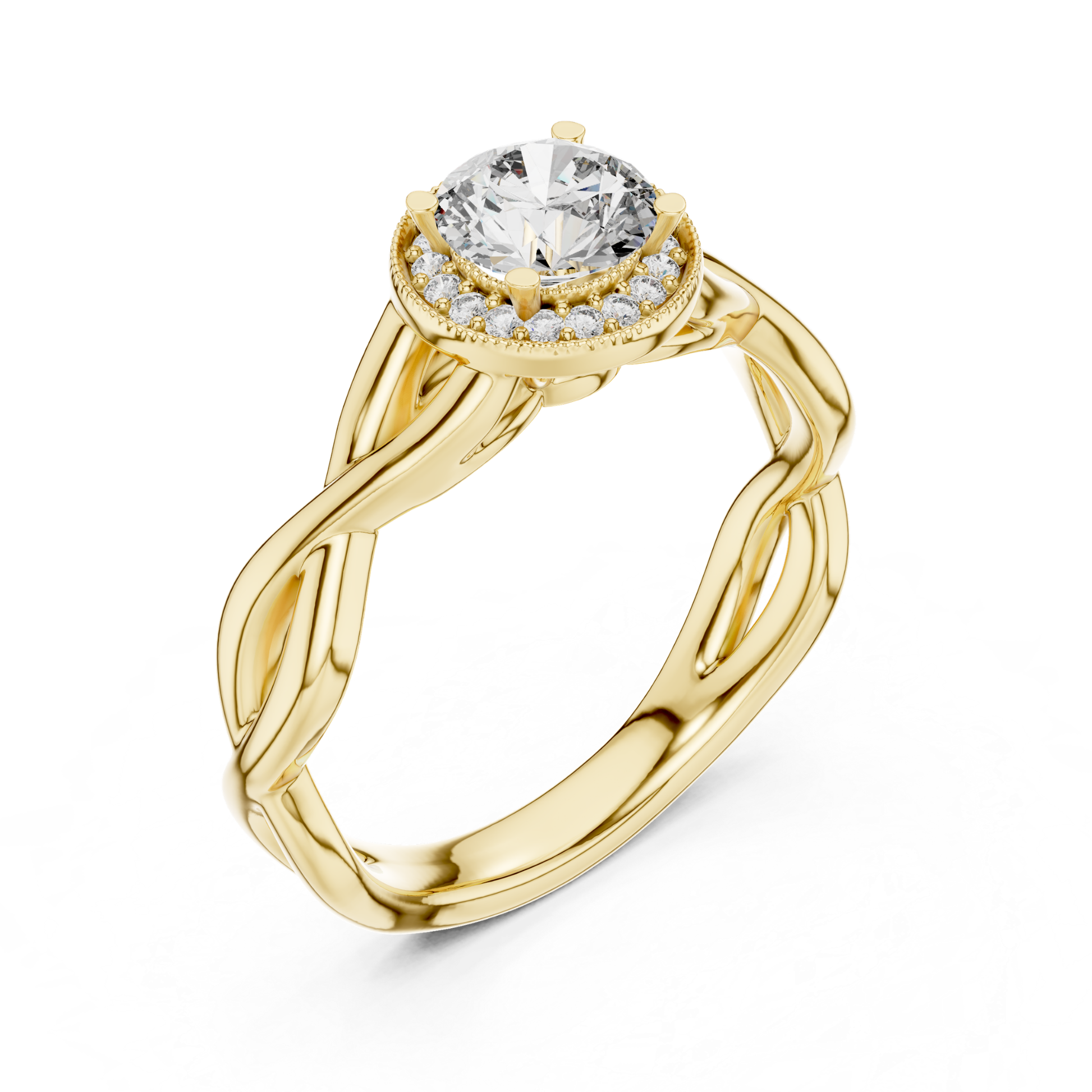 Round diamond halo twist ring perspective view
Yellow gold round brilliant halo ring
Angled view lab grown diamond halo ring
Yellow gold twisted band engagement ring
Round diamond milgrain halo engagement ring
Infinity twist solitaire diamond ring
Polished yellow gold halo diamond ring
Classic round diamond halo engagement ring
Lab grown round diamond twist ring
Yellow gold halo ring angled perspective