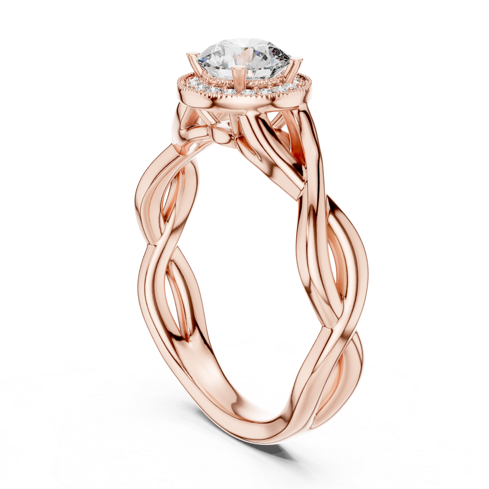 Round diamond halo twist ring side angle view
Rose gold round diamond halo ring side angle
Side angle round diamond halo engagement ring
Rose gold twisted halo diamond engagement ring
Round brilliant halo diamond ring side profile
Infinity twist round diamond halo ring design
Lab grown round diamond halo engagement ring
Polished rose gold halo diamond ring design
Classic twist band round halo diamond ring
Rose gold round halo engagement ring profile