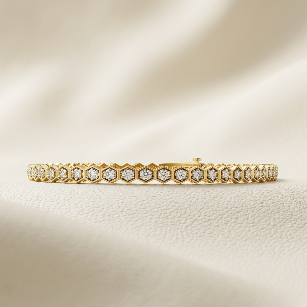 Round Diamond Bracelet With Hexagon Link Pattern
Honeycomb Link Round Diamond Tennis Bracelet Design
Round Cut Diamond Bracelet With Geometric Links
Bezel Set Round Diamond Hexagon Link Bracelet
Modern Round Diamond Gold Bracelet Front Display
Fine Round Diamond Bracelet With Open Hexagon Links
Round Diamond Tennis Bracelet In Honeycomb Setting
Luxury Round Diamond Bracelet With Hexagon Frames
Lab Grown Round Diamond Bracelet Geometric Style
Elegant Round Diamond Bracelet With Hexagon Motif