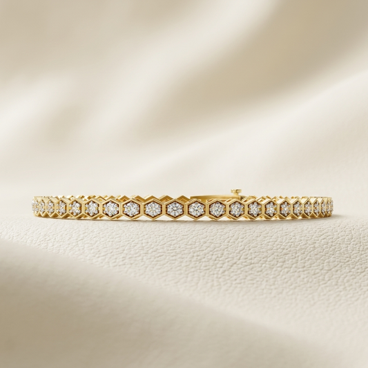 Round Diamond Bracelet With Hexagon Link Pattern
Honeycomb Link Round Diamond Tennis Bracelet Design
Round Cut Diamond Bracelet With Geometric Links
Bezel Set Round Diamond Hexagon Link Bracelet
Modern Round Diamond Gold Bracelet Front Display
Fine Round Diamond Bracelet With Open Hexagon Links
Round Diamond Tennis Bracelet In Honeycomb Setting
Luxury Round Diamond Bracelet With Hexagon Frames
Lab Grown Round Diamond Bracelet Geometric Style
Elegant Round Diamond Bracelet With Hexagon Motif