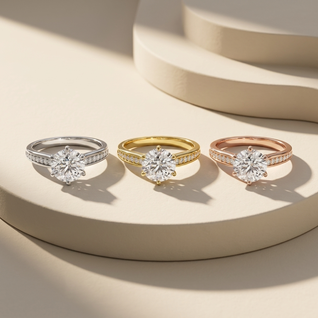 Round pavé diamonds in three gold tones.
Round diamond pavé collection.
White, yellow, and rose gold pavé settings.
Three-tone round diamond solitaires.
Classic pavé diamond designs.
Luxury round pavé diamonds.
Round diamonds in three finishes.
Elegant pavé solitaire trio.
Round solitaire with pavé bands.
Round diamond pavé settings.
