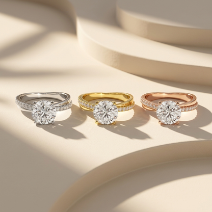 Round diamond solitaire rings in three gold colors
White gold yellow gold and rose gold engagement rings
Luxury diamond solitaire ring collection
Classic engagement rings with round diamonds
Fine jewelry diamond ring comparison
Premium bridal rings in different gold finishes
Elegant round brilliant diamond rings
Modern solitaire engagement ring display
Three metal diamond ring showcase
Luxury gold engagement ring collection