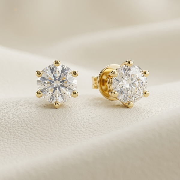 Round Cut Lab Grown Diamond Solitaire Stud Earrings in yellow gold