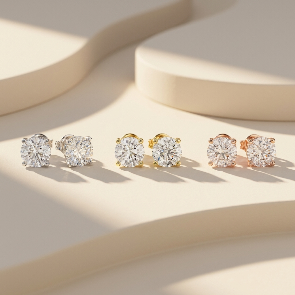 Round diamond stud earrings available in white, yellow, and rose gold finishes.
Luxury round diamond stud earrings crafted in white, yellow, and rose gold.
Elegant round solitaire diamond earrings showcased in three premium gold tones.
Fine jewelry round diamond studs featuring brilliant round-cut diamonds in three gold finishes.
Contemporary round diamond earrings displayed in white, yellow, and rose gold.
Premium round solitaire diamond stud earrings designed in three luxurious gold colors.
Designer round