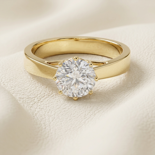 Round diamond tapered band ring
Yellow gold engagement ring
Round cut diamond ring
Gold solitaire diamond ring
Tapered band gold ring
Elegant diamond solitaire
Modern engagement ring
Classic gold ring
Minimalist diamond ring
Round diamond gold ring