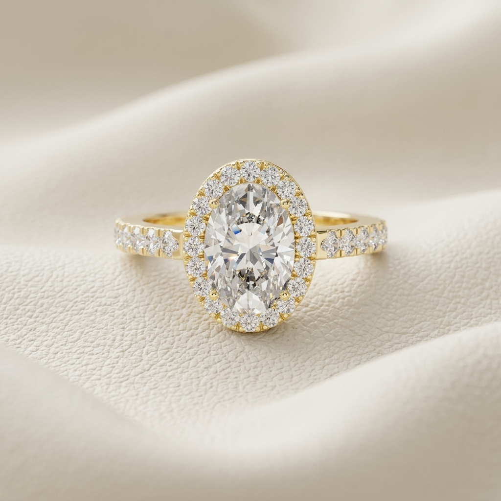 Oval halo diamond ring in yellow gold.
Yellow gold oval halo engagement ring.
Oval diamond ring with halo setting.
Oval cut halo diamond ring.
Pavé band oval halo ring.
Classic oval halo engagement ring.
Oval diamond halo ring in gold.
Elegant oval halo diamond ring.
Luxury oval halo ring.
Oval diamond ring with pavé band.