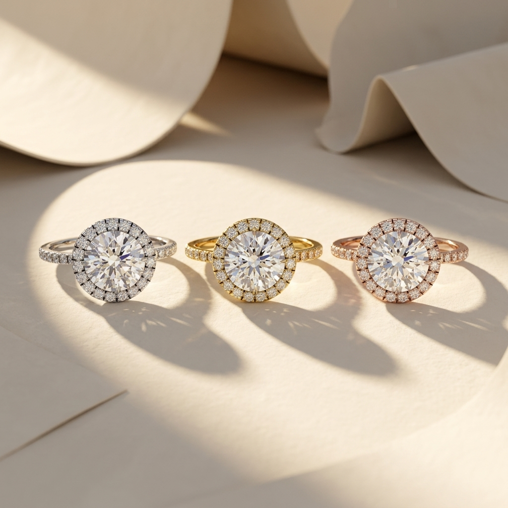 Round Halo Diamond Rings In White Yellow And Rose Gold
Three Round Halo Diamond Rings In Different Gold Finishes
Round Brilliant Halo Diamond Ring Collection
White Yellow And Rose Gold Halo Diamond Rings Display
Luxury Round Halo Diamond Ring Trio
Fine Jewelry Round Halo Rings In Three Metal Colors
Elegant Round Halo Diamond Ring Collection
Classic Round Halo Diamond Rings With Pavé Bands
Premium Round Diamond Halo Rings In Gold Variations
Sparkling Round Halo Diamond Ring Set In White Yellow And Rose Gold