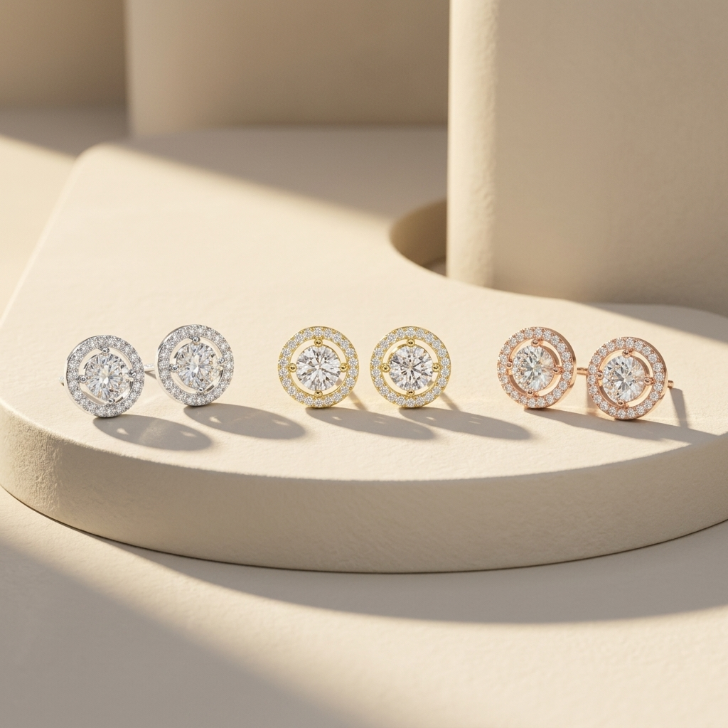 Round halo diamond stud earrings available in white, yellow, and rose gold finishes.
Luxury round halo diamond stud earrings crafted in white, yellow, and rose gold.
Elegant round halo diamond earrings featuring brilliant center stones in three gold tones.
Fine jewelry round halo diamond studs showcased in white, yellow, and rose gold.
Contemporary round halo diamond earrings with sparkling pavé halos in three finishes.
Premium halo diamond stud earrings designed in white, yellow, and rose gold colors.
Desi