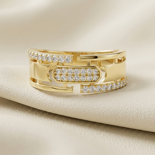 Round lab grown diamond center bar openwork statement ring in polished yellow gold
Luxury yellow gold wide band with pavé round lab grown diamond center bar design
Modern geometric lab grown diamond ring featuring an open gallery and center diamond bar
Close-up of round diamond architectural statement ring with polished yellow gold finish
Contemporary wide diamond band with horizontal pavé center bar and openwork details
Premium lab grown diamond designer ring with geometric open gallery styling
Elegant yel
