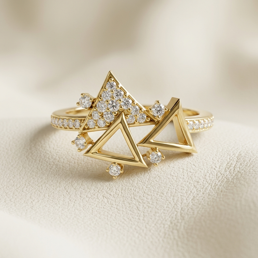 Round lab grown diamond triple triangle geometric statement ring in polished yellow gold
Modern yellow gold ring featuring triple triangle design with round lab grown diamonds
Luxury geometric triangle diamond ring with open triangle motifs and pavé accents
Contemporary round lab grown diamond abstract triangle fashion ring in yellow gold
Premium designer triangle statement ring with pavé diamonds and open geometric shapes
Elegant yellow gold lab grown diamond ring with layered triangle architectural design