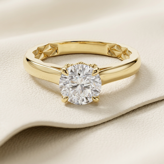Round solitaire diamond in yellow gold.
Classic round solitaire diamond.
Yellow gold solitaire diamond.
Round diamond with sleek band.
Elegant round solitaire setting.
Brilliant round cut diamond.
Luxury round solitaire design.
Timeless round diamond solitaire.
Polished yellow gold solitaire.
Round diamond engagement solitaire.