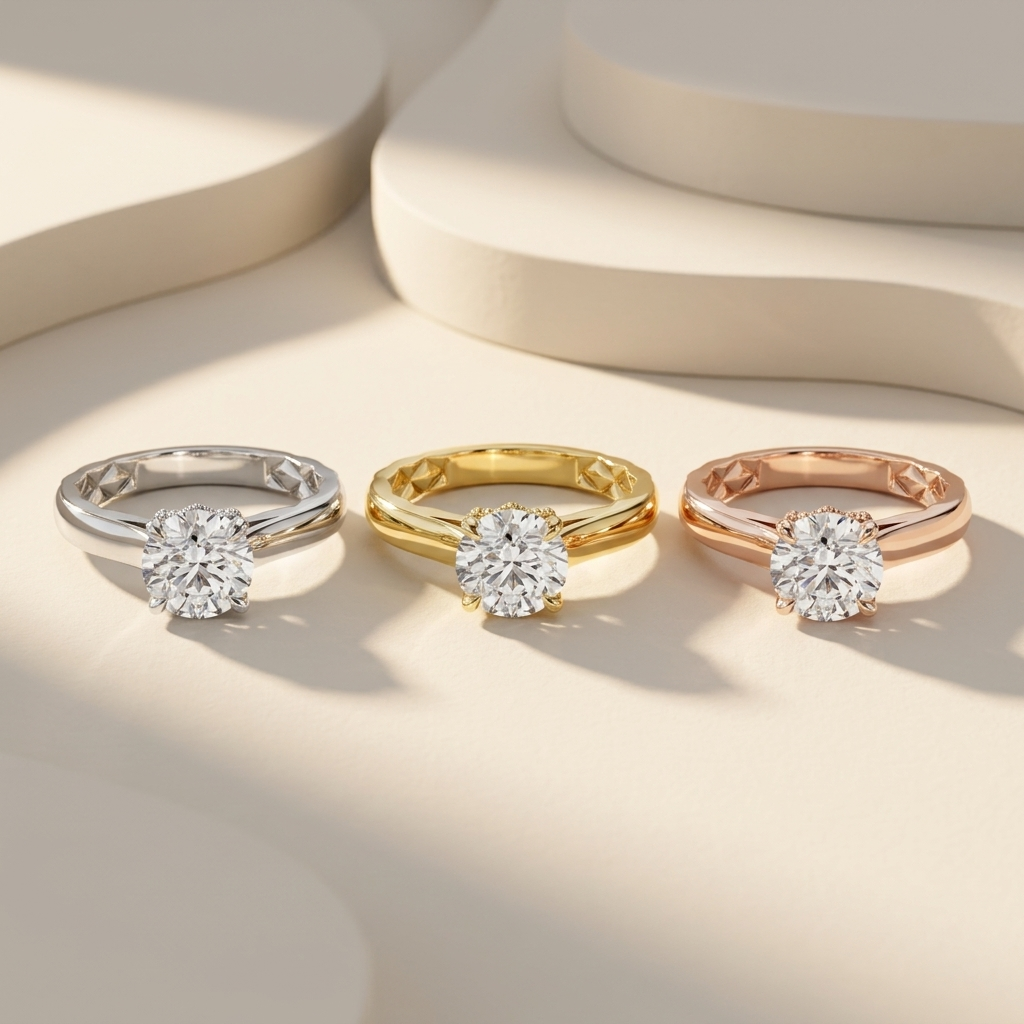 Round solitaire diamonds in three gold tones.
Round solitaire collection.
White, yellow, and rose gold solitaires.
Three-tone round solitaire diamonds.
Classic round solitaire designs.
Luxury solitaire diamond collection.
Round diamonds in three finishes.
Elegant round solitaire trio.
Timeless solitaire diamond designs.
Round solitaire diamonds in gold tones.