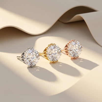 Round Solitaire Diamond Stud Earrings In White Gold Yellow Gold And Rose Gold
Three Round Brilliant Diamond Stud Earrings In White Gold Yellow Gold And Rose Gold
Round Solitaire Diamond Stud Earrings Displayed In Three Metal Finishes
White Gold Yellow Gold And Rose Gold Round Diamond Stud Earrings Together
Luxury Round Brilliant Diamond Stud Earrings In Three Precious Metal Options
Elegant Round Solitaire Diamond Stud Earrings In White Gold Yellow Gold And Rose Gold Settings
Premium Round Diamond Stud