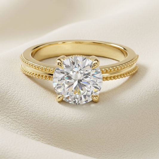 Round solitaire gold ring
Double beaded gold ring
Yellow gold solitaire ring
Round diamond engagement ring
Gold beaded band ring
Classic solitaire diamond ring
Elegant gold diamond ring
Luxury solitaire ring
Gold ring with round diamond
Double beaded engagement ring