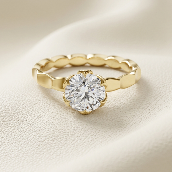 1.00 Carat Round Cut Floral Solitaire Lab Grown Diamond Engagement Ring in yellow gold